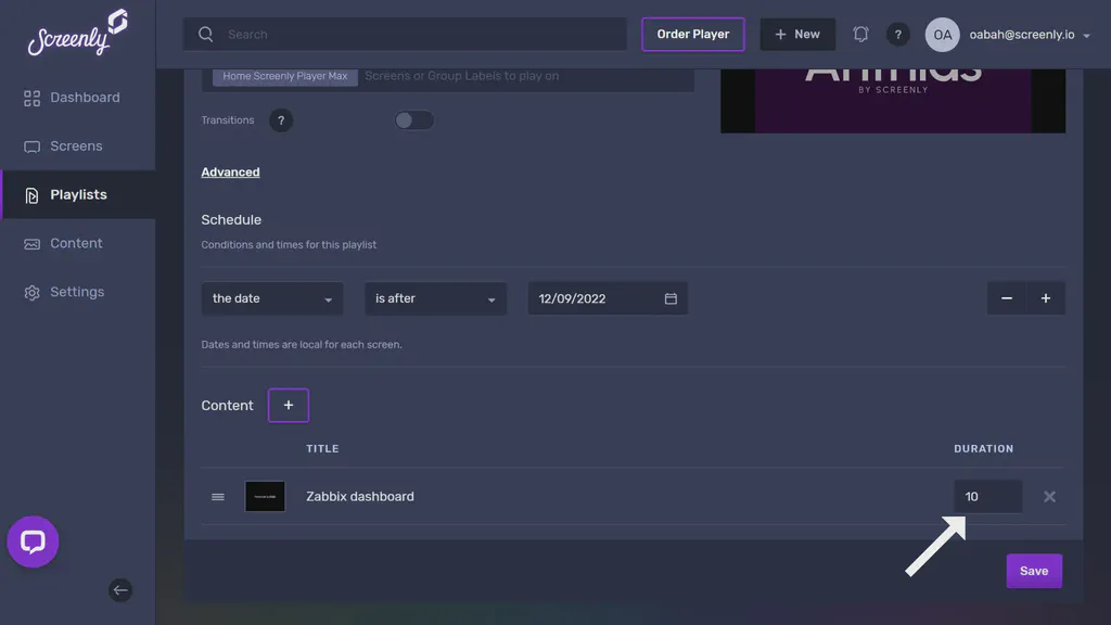 The popup modal to set the duration for the Zabbix dashboard content in the playlist