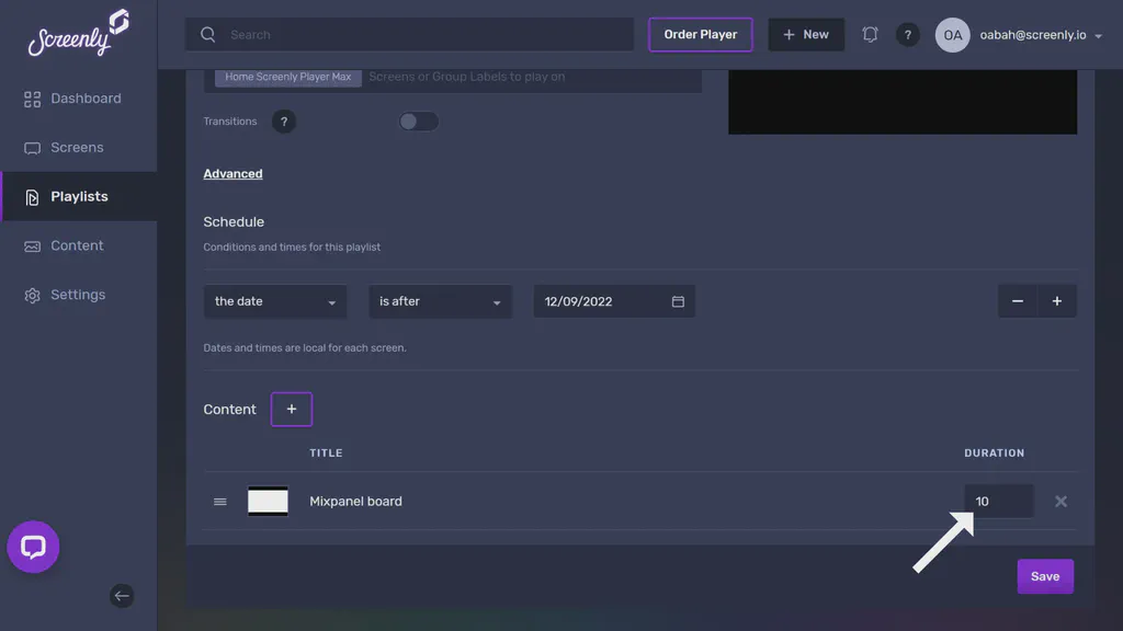 The popup modal to set the duration for the Mixpanel content in the playlist.