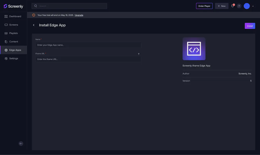 Add an App in the Screenly interface.