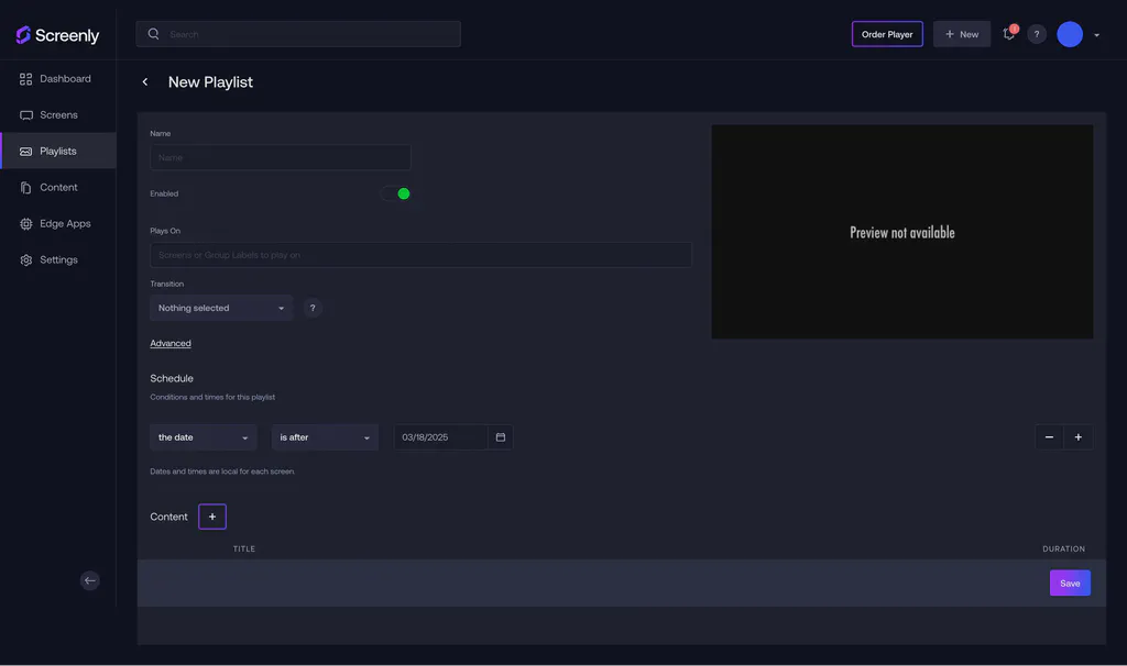 Adding a playlist in the Screenly interface.