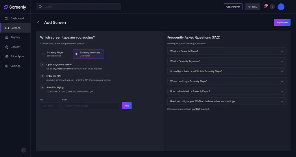 Adding a screen in the Screenly interface.